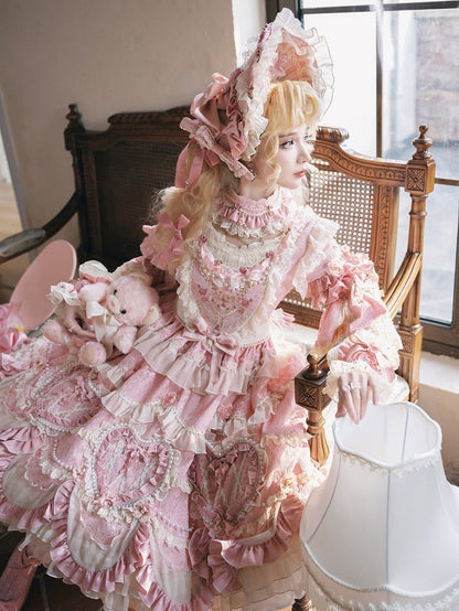 Pink Hanayome Rosette Embroidery Floral and Bead Chain Details Lolita OP Full Set