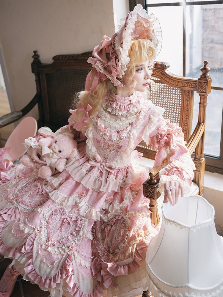 Rosette Embroidery Floral and Bead Chain Details Pink Gorgeous Hanayome Lolita Dress