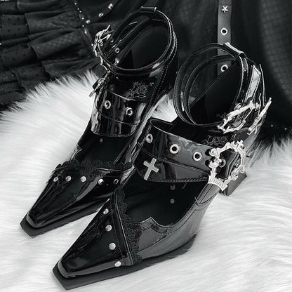 Toe Gothic Pointed Cross Punk Heels Coffin Metal in Buckles Black Block and Polished 8.5/5cm with