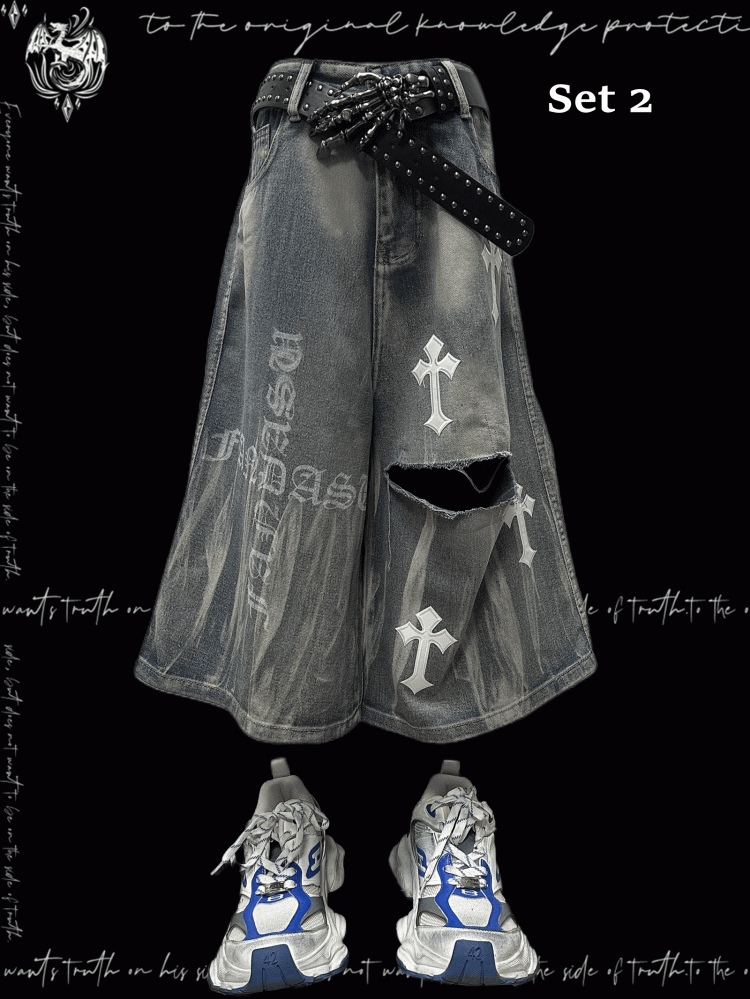 Y2K Blue Cross Appliques Distressed Holes Wide-Leg Jeans