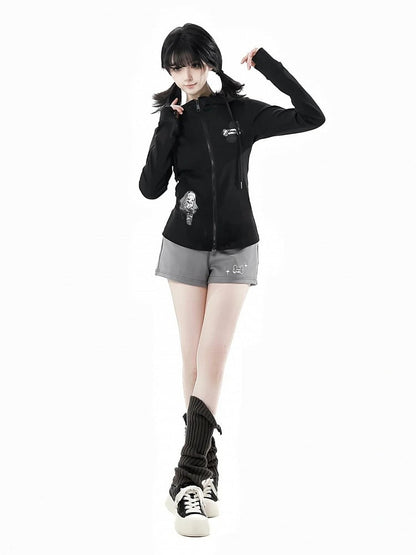 Long Sleeves Top Zip Closure Black/White Devil Horn Design Hood