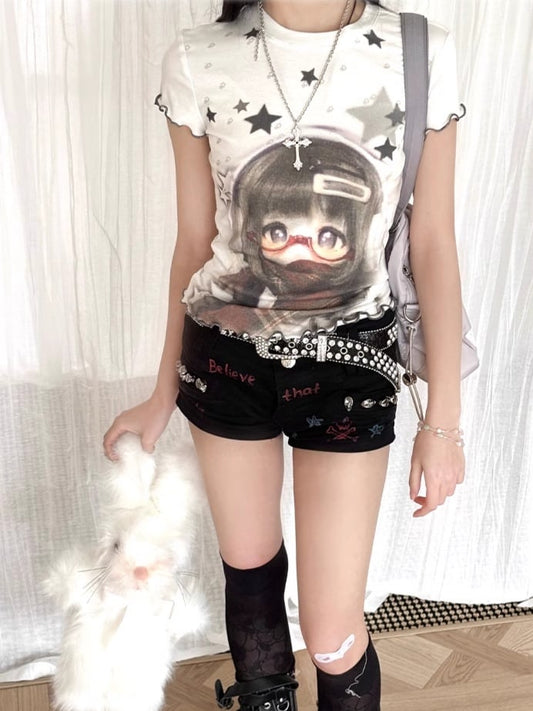 T-shirt Hem Star Print White BJD Ruffled Doll and