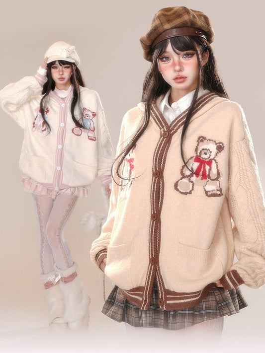 Khaki Apricot Cute Bear Pattern Hooded Cardigan