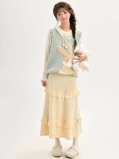 Yellow Bow Accents High Waist Knit Midi Length Skirt