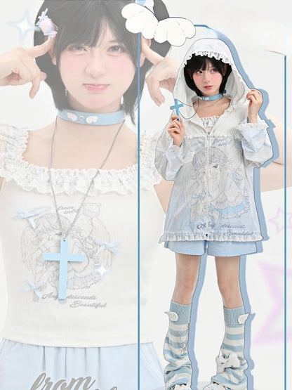 Sonnenschutz mit Kapuze, blau-weiß, Anime-Mädchen-Print, gekräuselter Saum, Jacke, Spitze