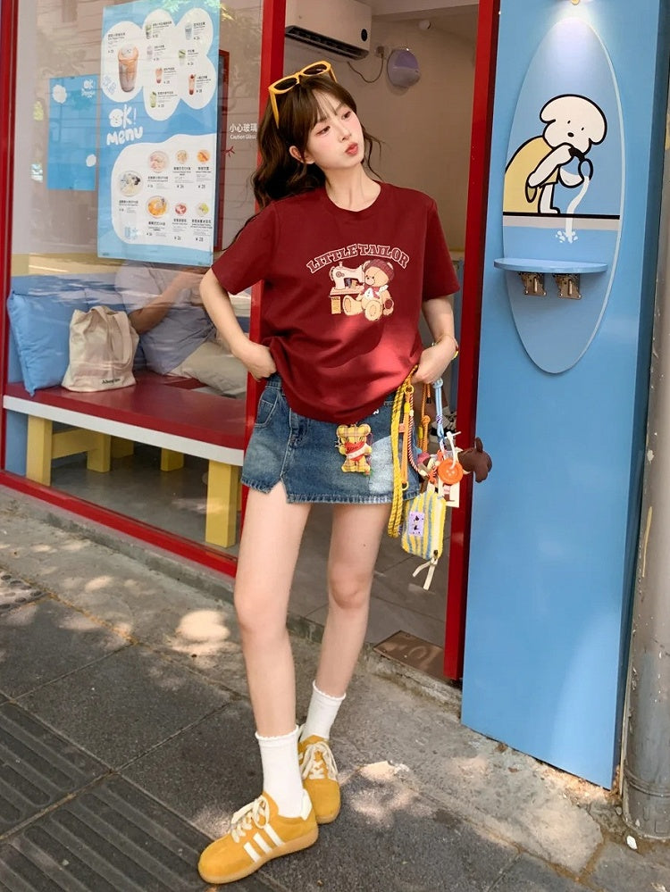 Neck Loose Cartoon Bear Print Wine Red Round T-shirt
