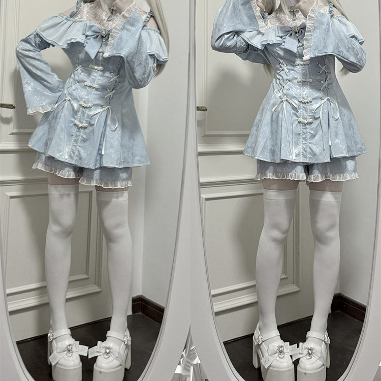 Shorts Bow Tie Cheongsam Light + Neckline Kei Style Set- Jirai Illusion Mini Dress Blue + Bell Sleeves