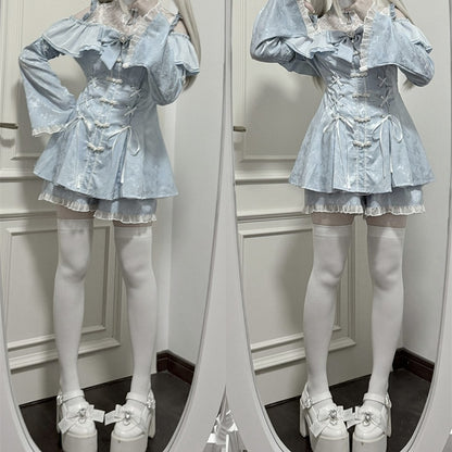 Shorts Bow Tie Cheongsam Light + Neckline Kei Style Set- Jirai Illusion Mini Dress Blue + Bell Sleeves