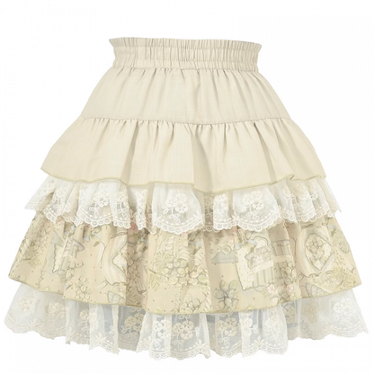 Light Vintage Print Lace Trim Tiered Skirt Green Elastic Waist