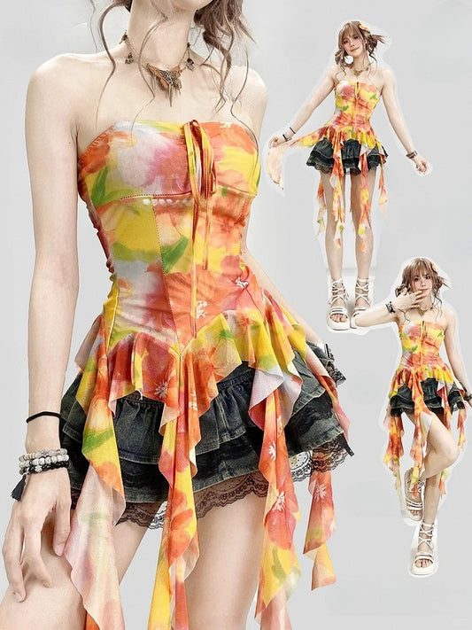 Print Top Ruffle Accents Orange Tube Holiday Floral Cascading