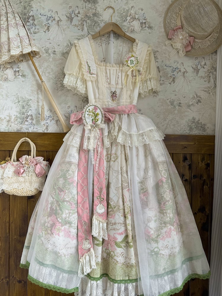 Skirt Waist + Floral Sizes Elastic Print Classic Square - Neckline Plus Available Lolita Set Elegant Blouse