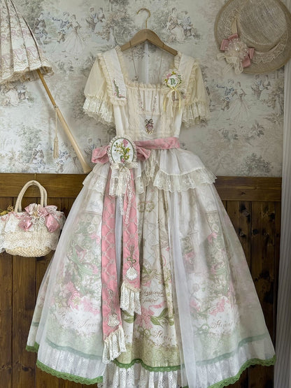 Skirt Waist + Floral Sizes Elastic Print Classic Square - Neckline Plus Available Lolita Set Elegant Blouse