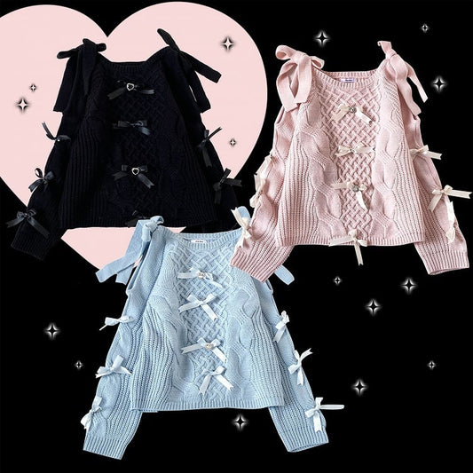 Blue Bow Accents Cutout Shoulder Landmine Style Sweater