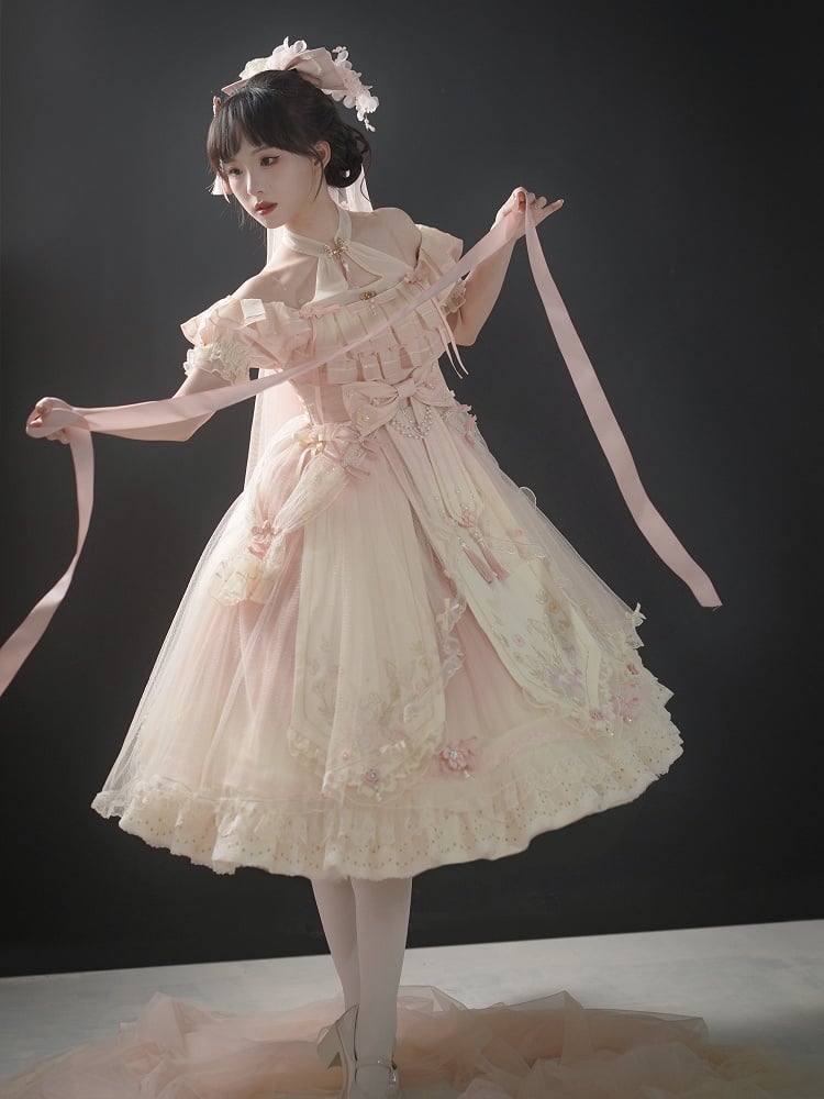 Ombre Pink Peach Blossom Halter Neck Han Lolita Dress Full Set