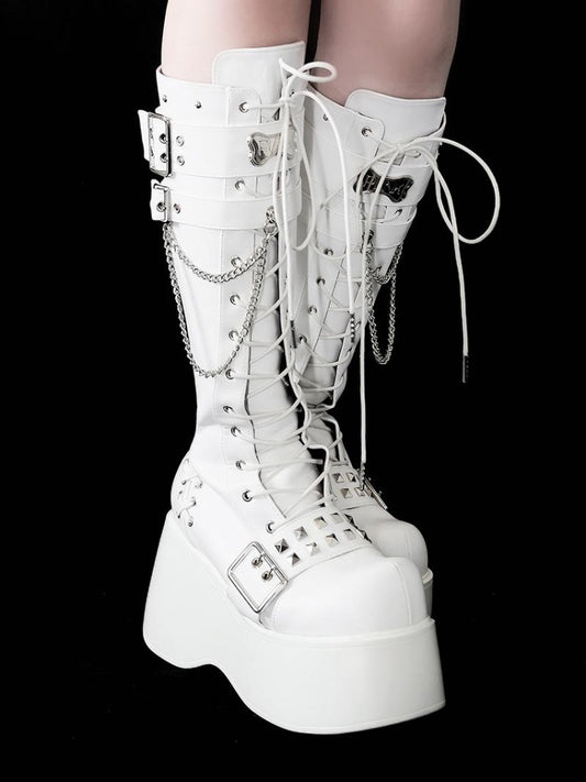 Bone-shaped Metal Plates Matte White Punk Wedge Platform Knee-high Boots