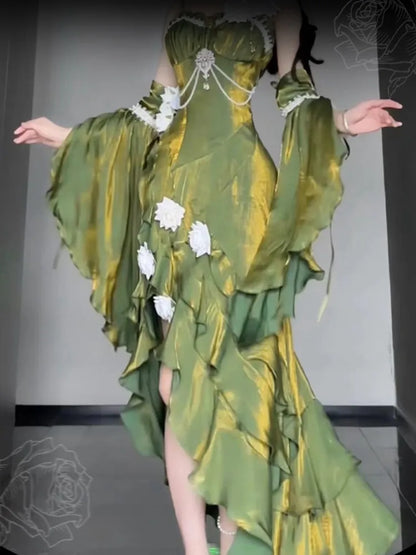 Gown Sleeves Evening Dress Detachable Flounce with Green Mermaid Rosette