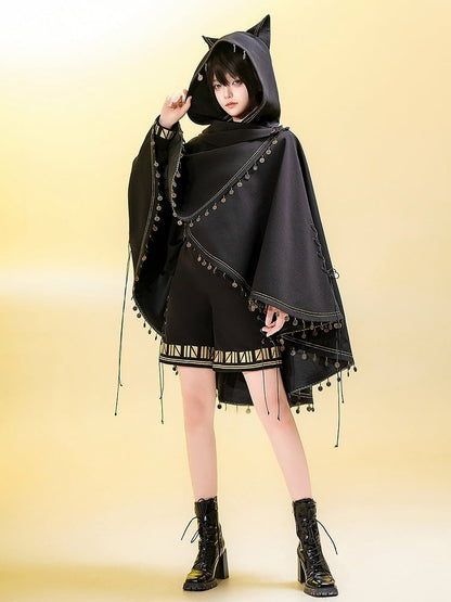 Fashion Cat High-low Ears Hem (Do Machine Black Ouji Not Wash) Cape Hooded