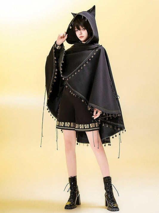 Fashion Cat High-low Ears Hem (Do Machine Black Ouji Not Wash) Cape Hooded