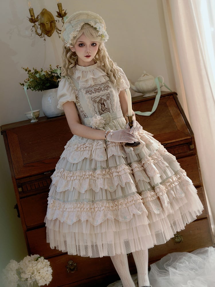 Robe Lolita vert clair à jupe superposée et motif lapin