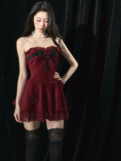 Roses Embellishments Christmas Wine Red Strapless Dress with Plush Shawl Set