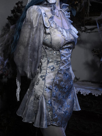 Dusty Blue Floral Jacquard Corpse Bride Overall Dress