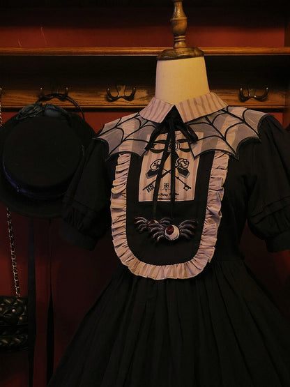 Spider Web Embroidery Brooch Organza and Butterfly Moth Fake Collar Detachable with Black White