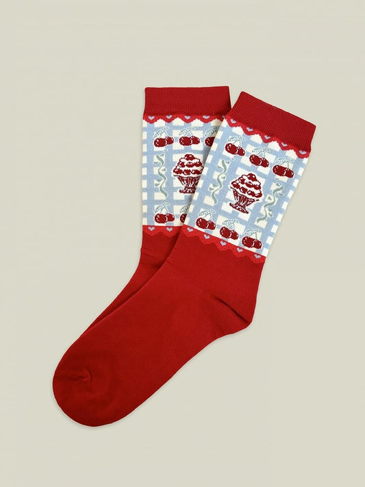 Chaussettes en coton à motif cerises rouges, blanches et bleues