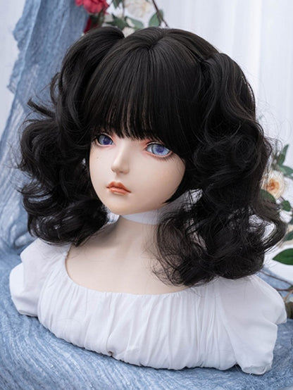 Black Tea Short Bob Cut Synthetic Wig With Double Ponytail Claw Clips
