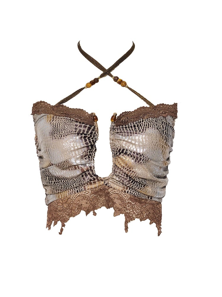 Lace Brown Punk Halter Trim Neck Snakeskin Top Pattern Wasteland