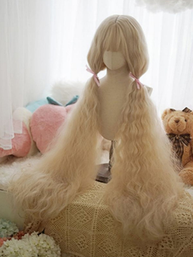 Light Blonde Long Curly Wig With Full Bangs