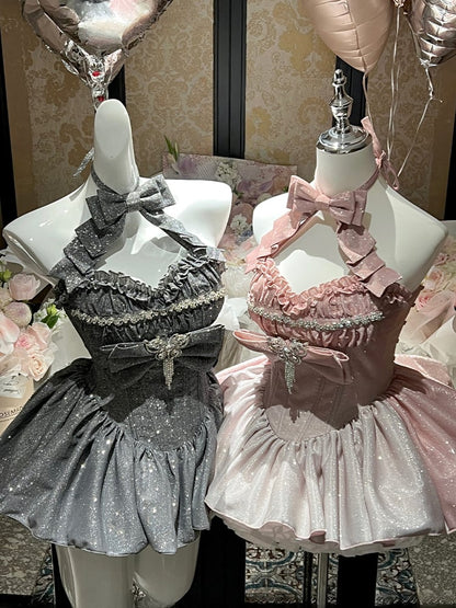 Shimmering Gradient Pink Halter Neck Sweetheart Neckline Top + Long Skirt Birthday Ball Gown