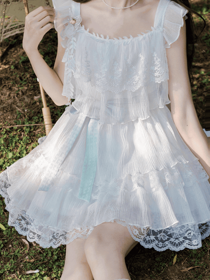 and Brooch with Waist Belt Tiered Lace Trim Flutter Sleeves Dress Sweet White