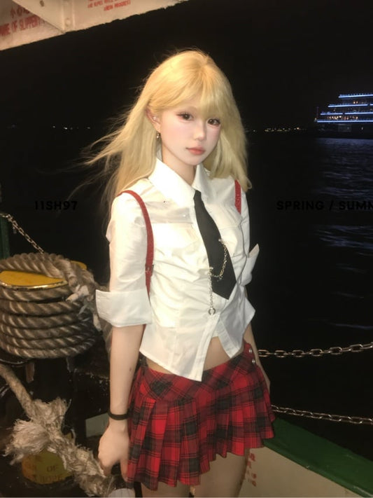 Black White Shirt/Red Skirt Pleated Style Plaid Preppy