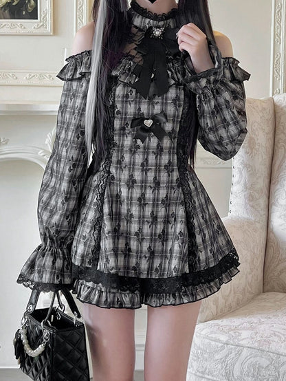 Set Skirt Cutout Shoulder Mini Shorts Jirai Kei Illusion Dress Neckline Plaid with Ruffled Gray Hem