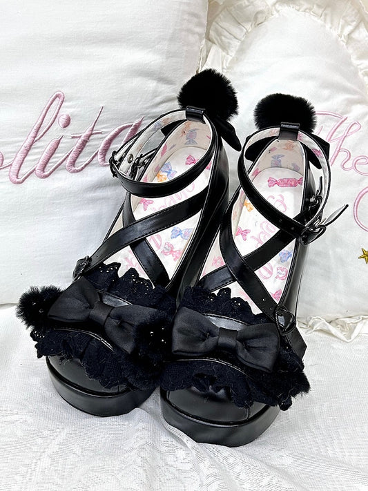 Bunny Plush Top With Crisscross Pompon Decorated at Platforms Bow Ear Black Design