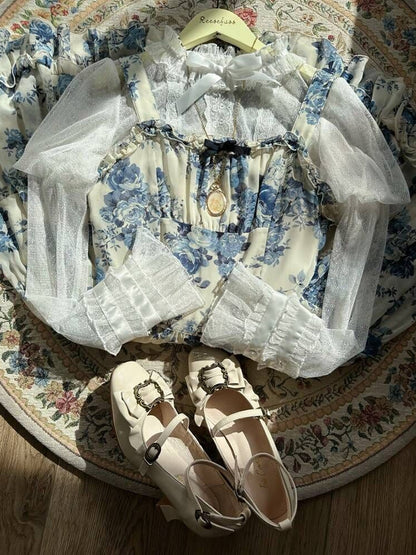 White Ruffle Neckline Juliette Sleeves Sheer Blouse