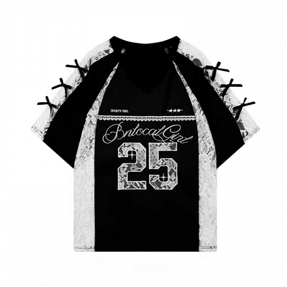 Patches Contrast Lace T-shirt Applique V-neck Satin Black/Silver Number