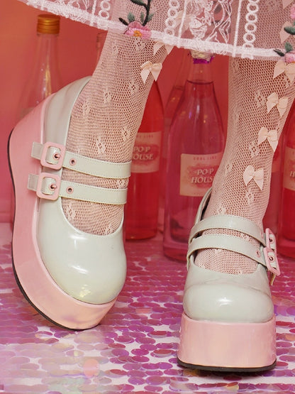 Leather PU Buckles Sweet Pink Lolita Green Sole Platforms with Wedge