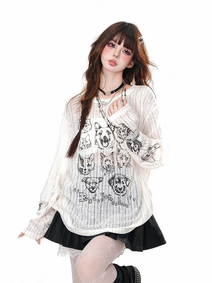 Black/Beige Semi-sheer Round Neck Puppy and Kitty Loose Top