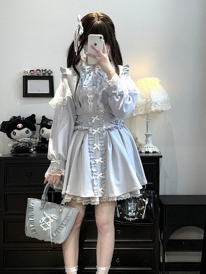 Trim Lace Shorts Dress With Blue/White/Pink/Black Kei Bowknot Details Jirai Overall
