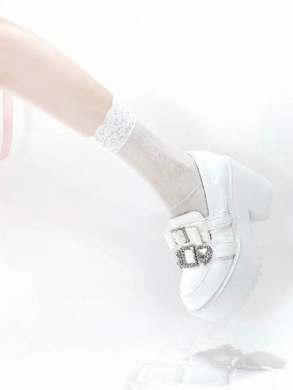with Jirai Platform Matte Rhinestone Bow White 10cm Heart Loafers Kawaii Kei Heel