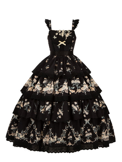 Rock Classic und Lolita Stufenpullover Print Blumen Lilienkleid Kirschschwarz
