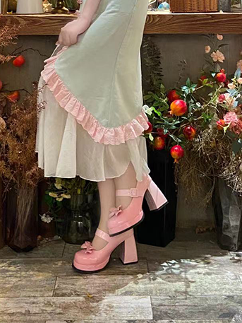 Gradient Pink Detachable Bowknot Platform High Block Heels Lolita Shoes
