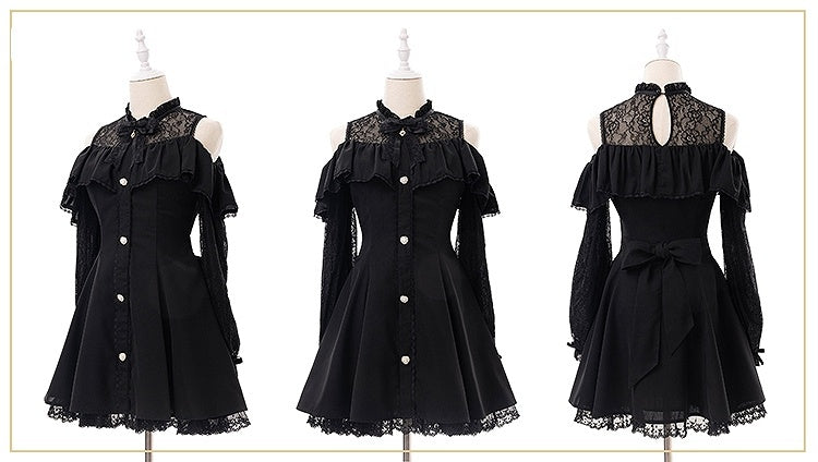 Black Illusion Neckline Cutout Shoulder Jirai Kei Long Sleeves Dress with Bow Tie