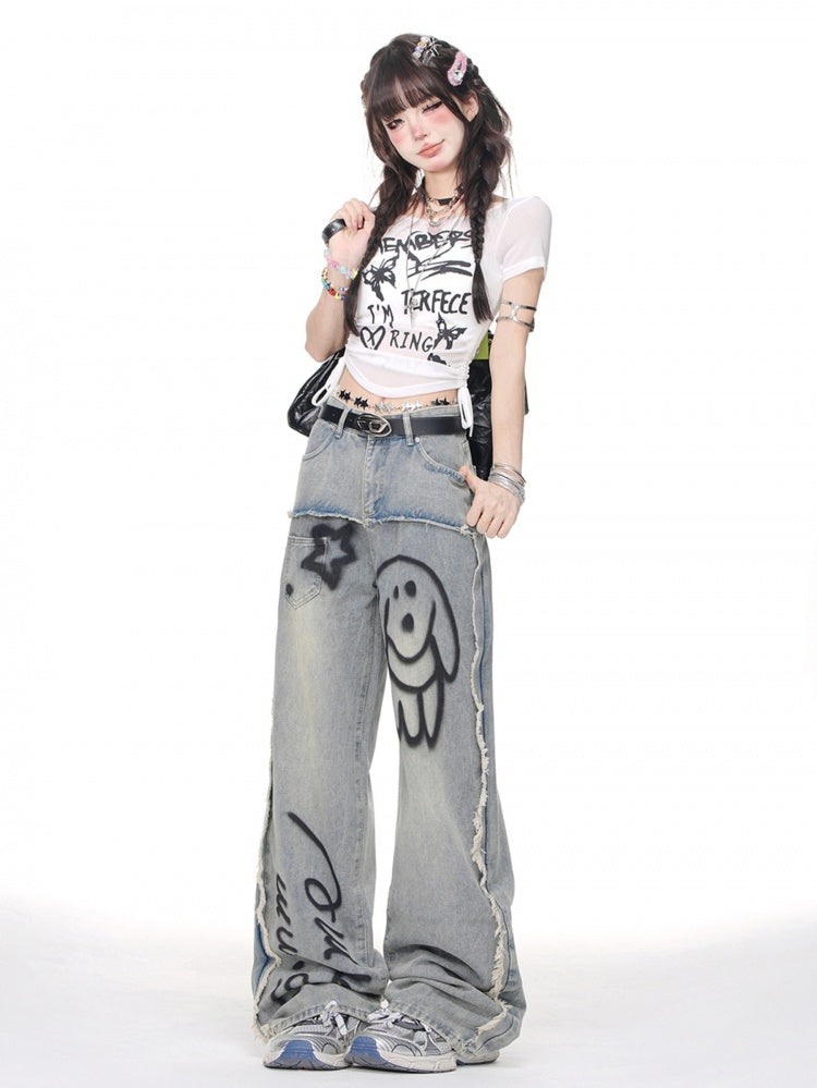 Blue Puppy Print Wide-leg Jeans