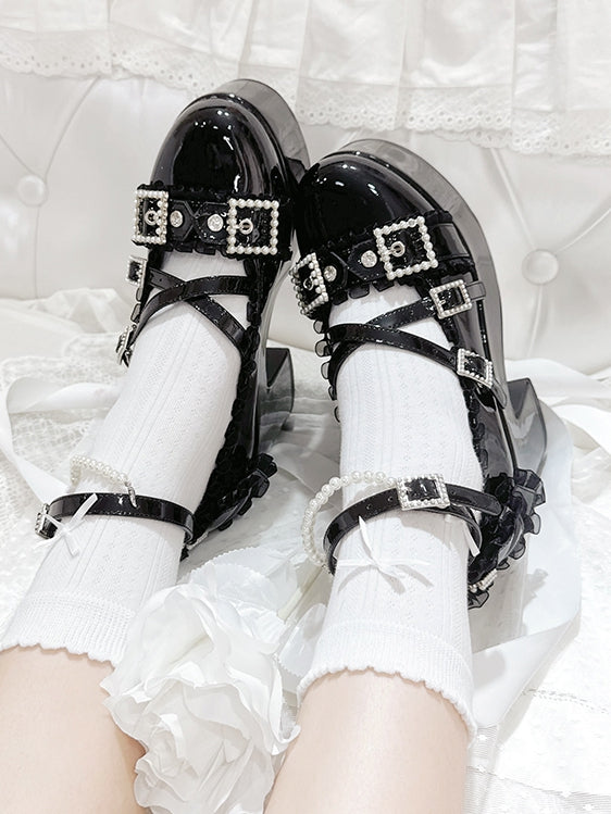 Embellished with Rhinestone Platform Jirai Strap Crisscross Accent Buckle Kei Beaded Black High - Block Bow Heels