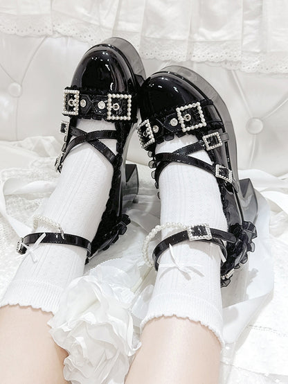 Embellished with Rhinestone Platform Jirai Strap Crisscross Accent Buckle Kei Beaded Black High - Block Bow Heels