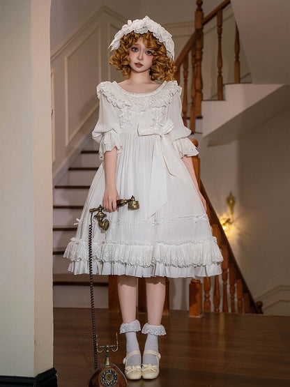 White Lolita Dress Waist Short Shiro High Sleeves All