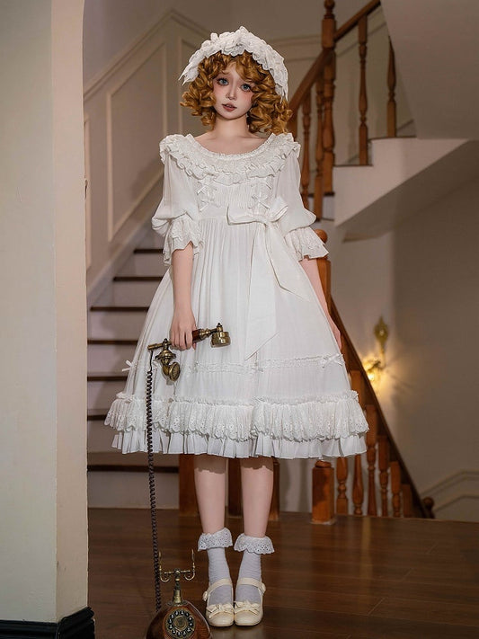White Lolita Dress Waist Short Shiro High Sleeves All