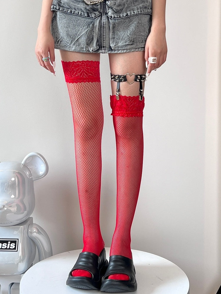 Black/Red/Khaki/White Bittersweet Lace Trim Over-knee Stockings
